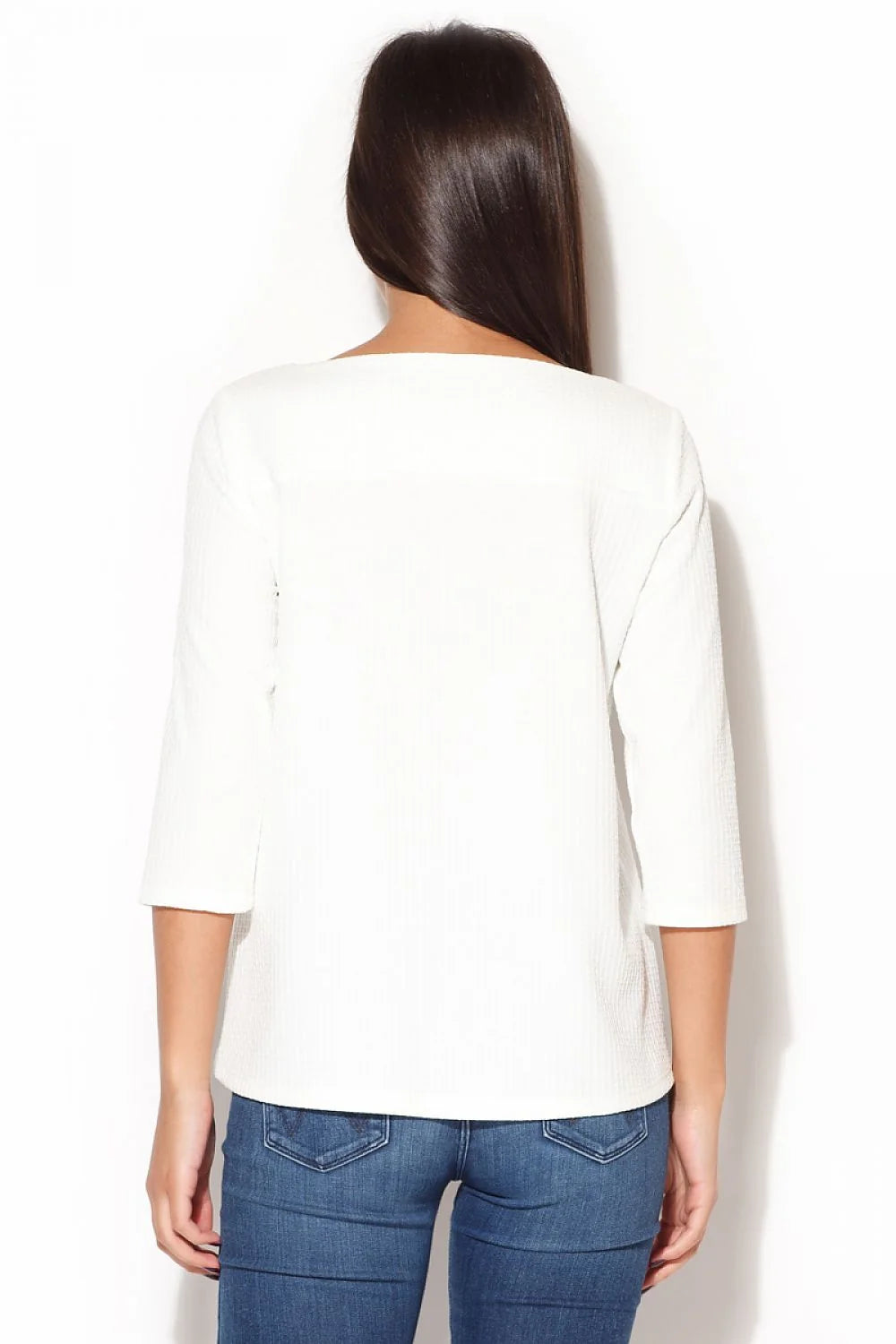 Haut bleu en maille gaufrée style casual chic manches trois-quarts confort optimal femmes modernes