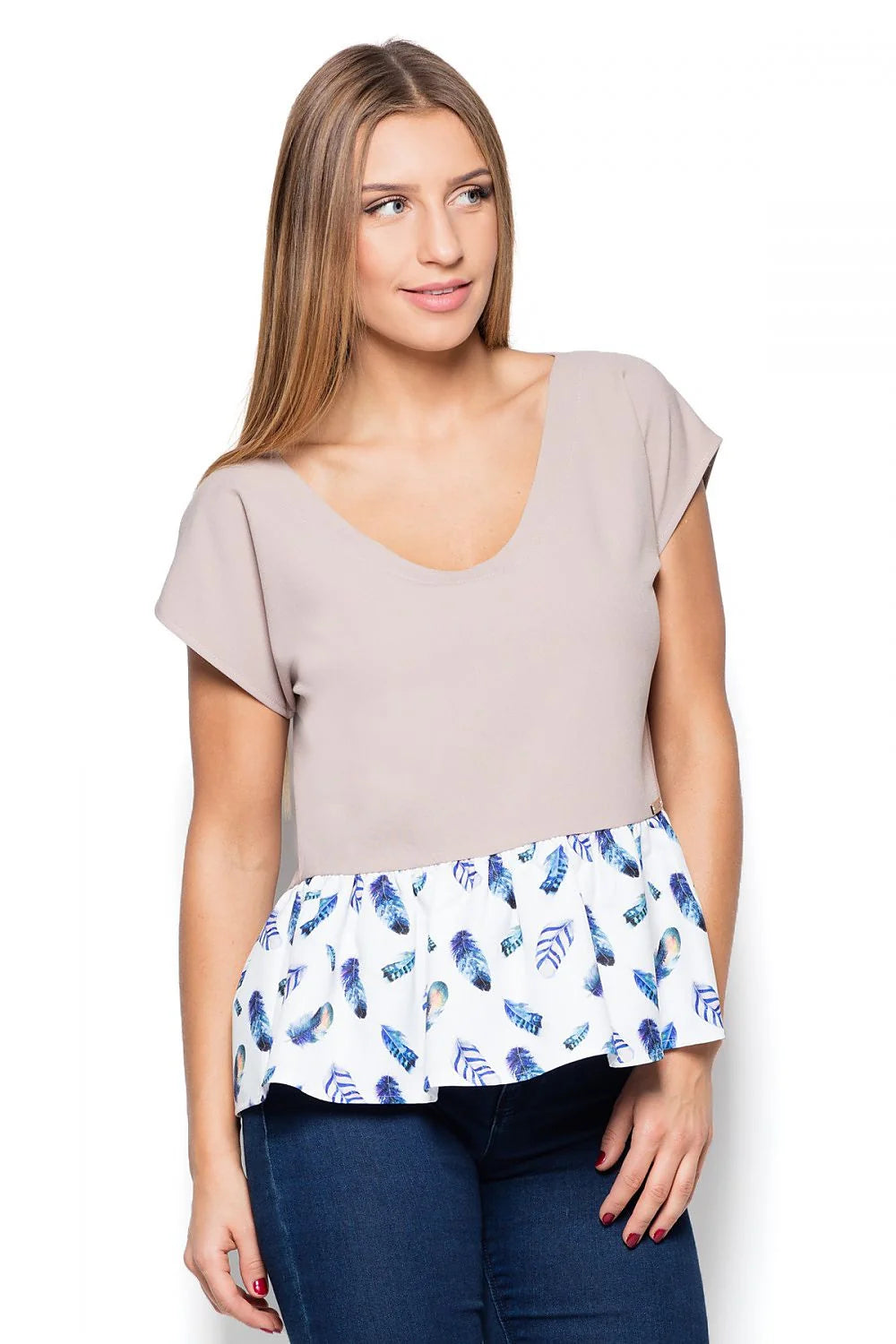Haut en coton décontracté féminin coupe péplum motifs plumes élégantes mode casual pour femmes