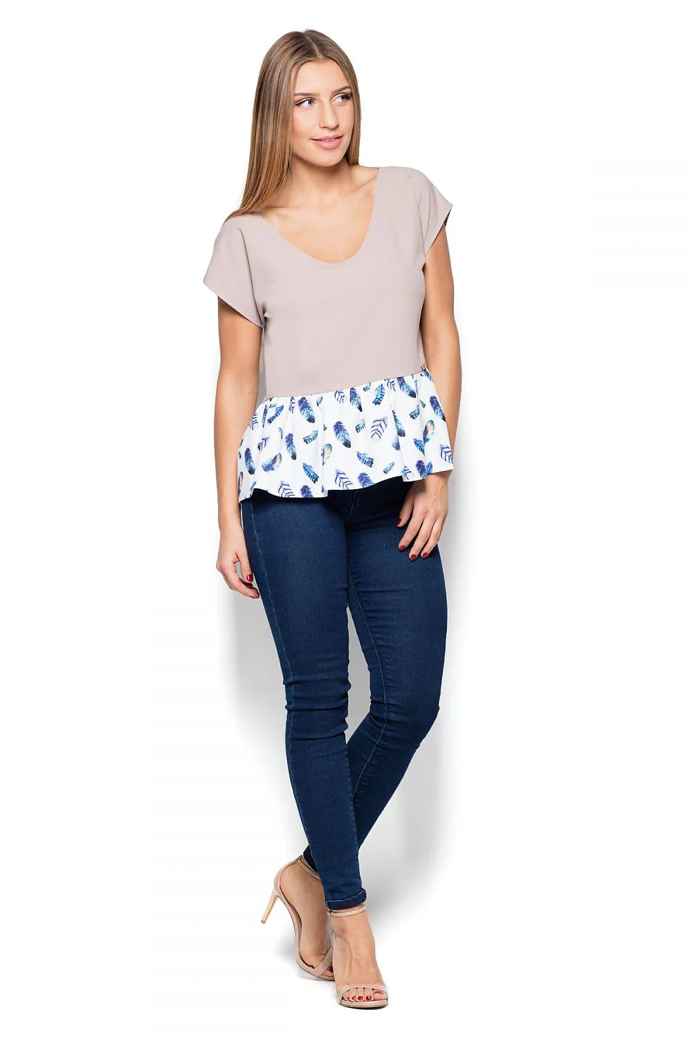 Haut en coton décontracté féminin coupe péplum motifs plumes élégantes mode casual pour femmes