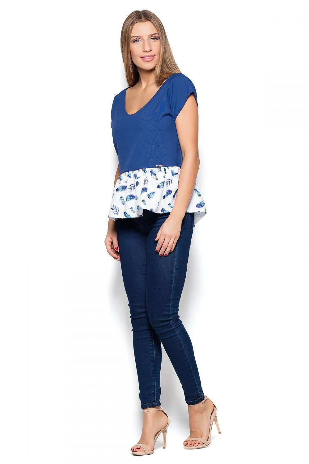 Haut en coton décontracté féminin coupe péplum motifs plumes élégantes mode casual pour femmes