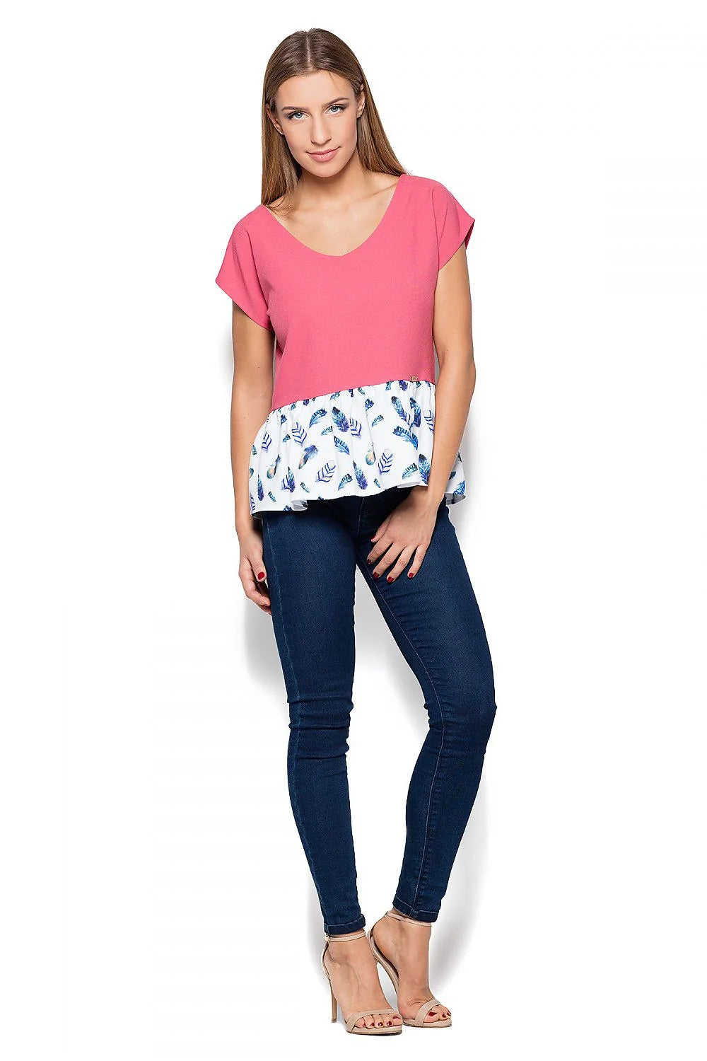 Haut en coton décontracté féminin coupe péplum motifs plumes élégantes mode casual pour femmes