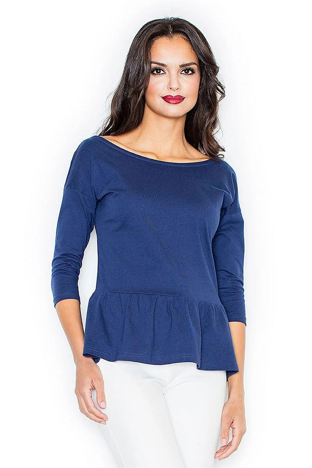 Haut femme coton casual élégant bleu foncé manches longues bas volant confort quotidien