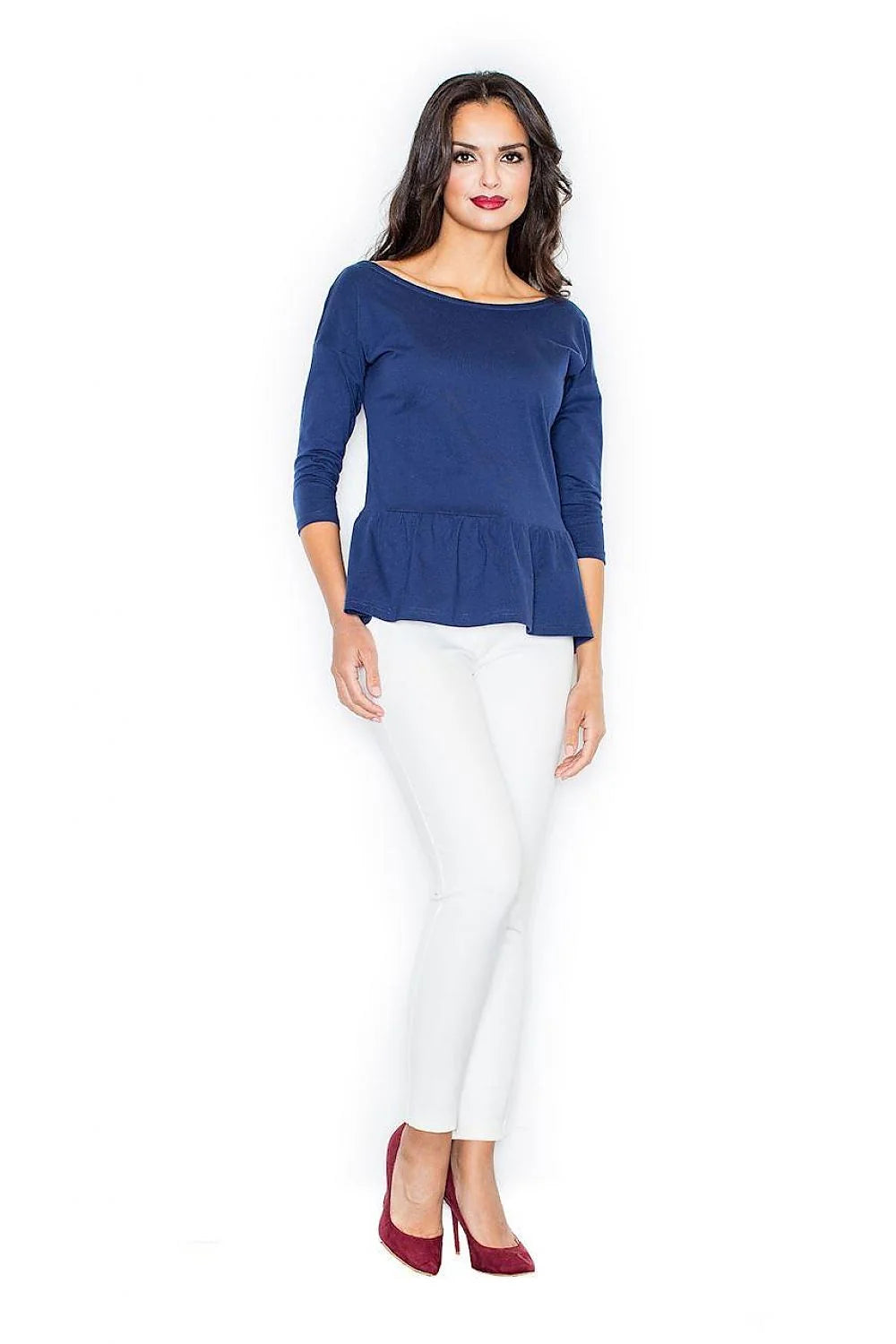 Haut femme coton casual élégant bleu foncé manches longues bas volant confort quotidien
