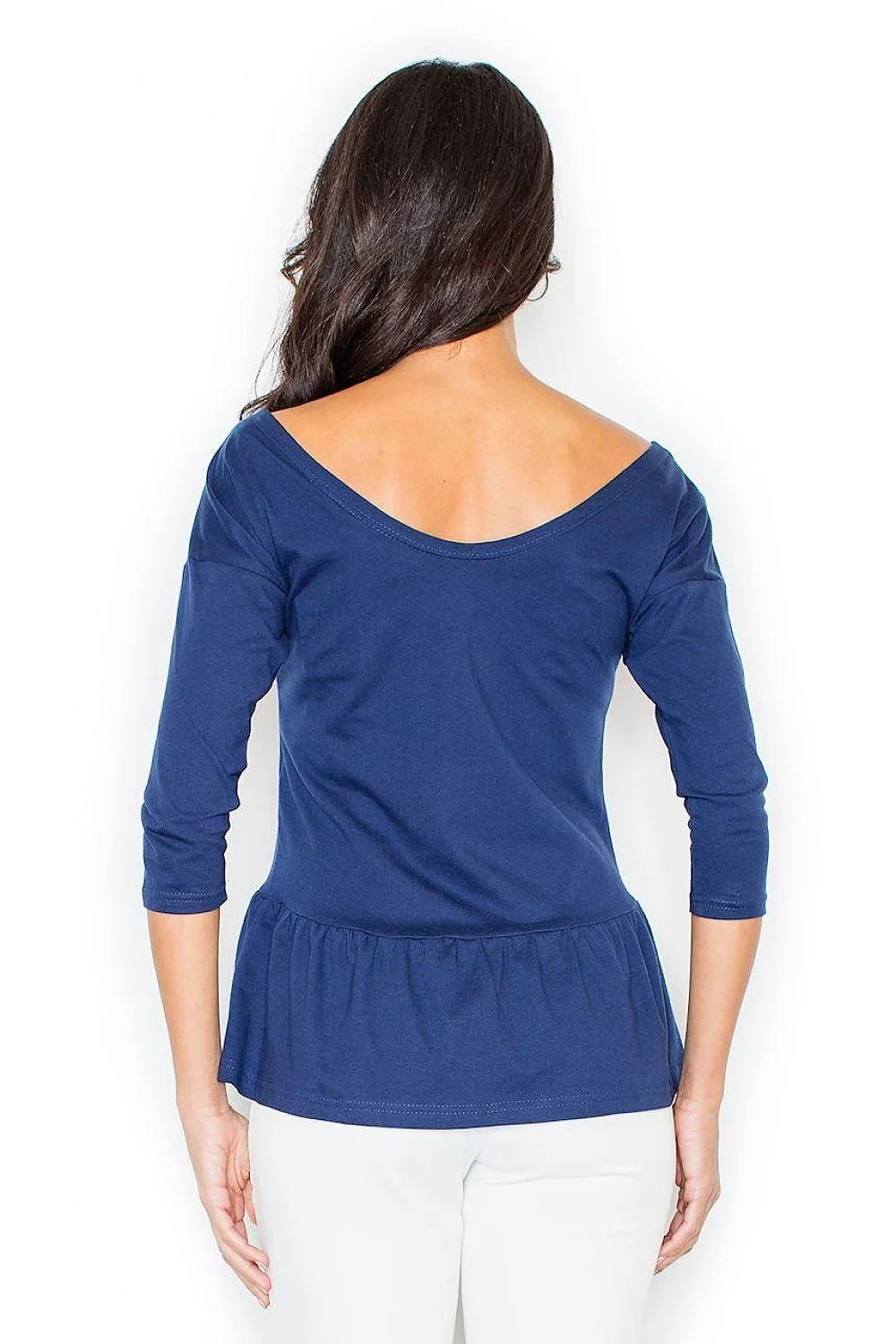 Haut femme coton casual élégant bleu foncé manches longues bas volant confort quotidien