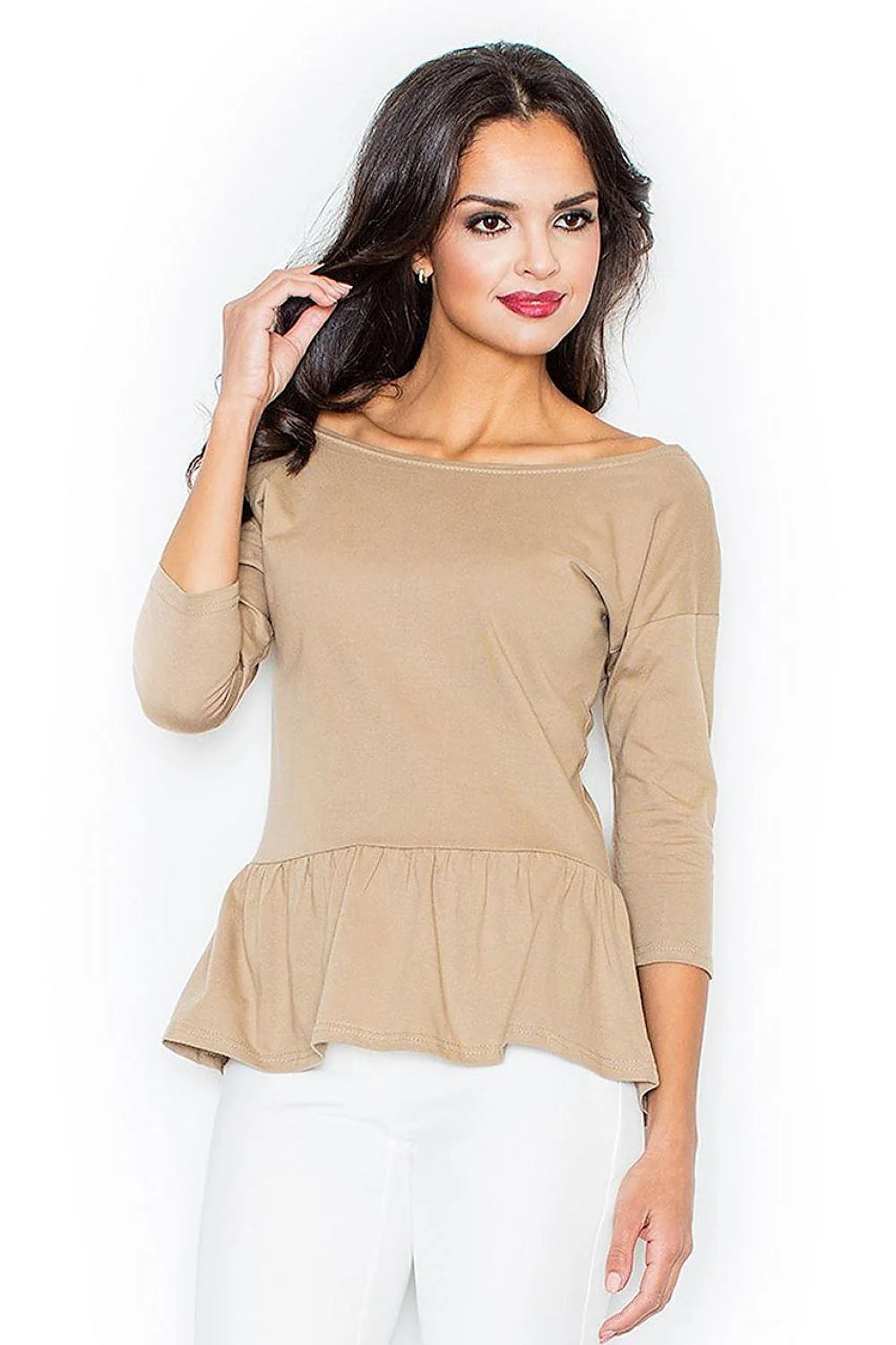 Haut femme coton casual élégant bleu foncé manches longues bas volant confort quotidien