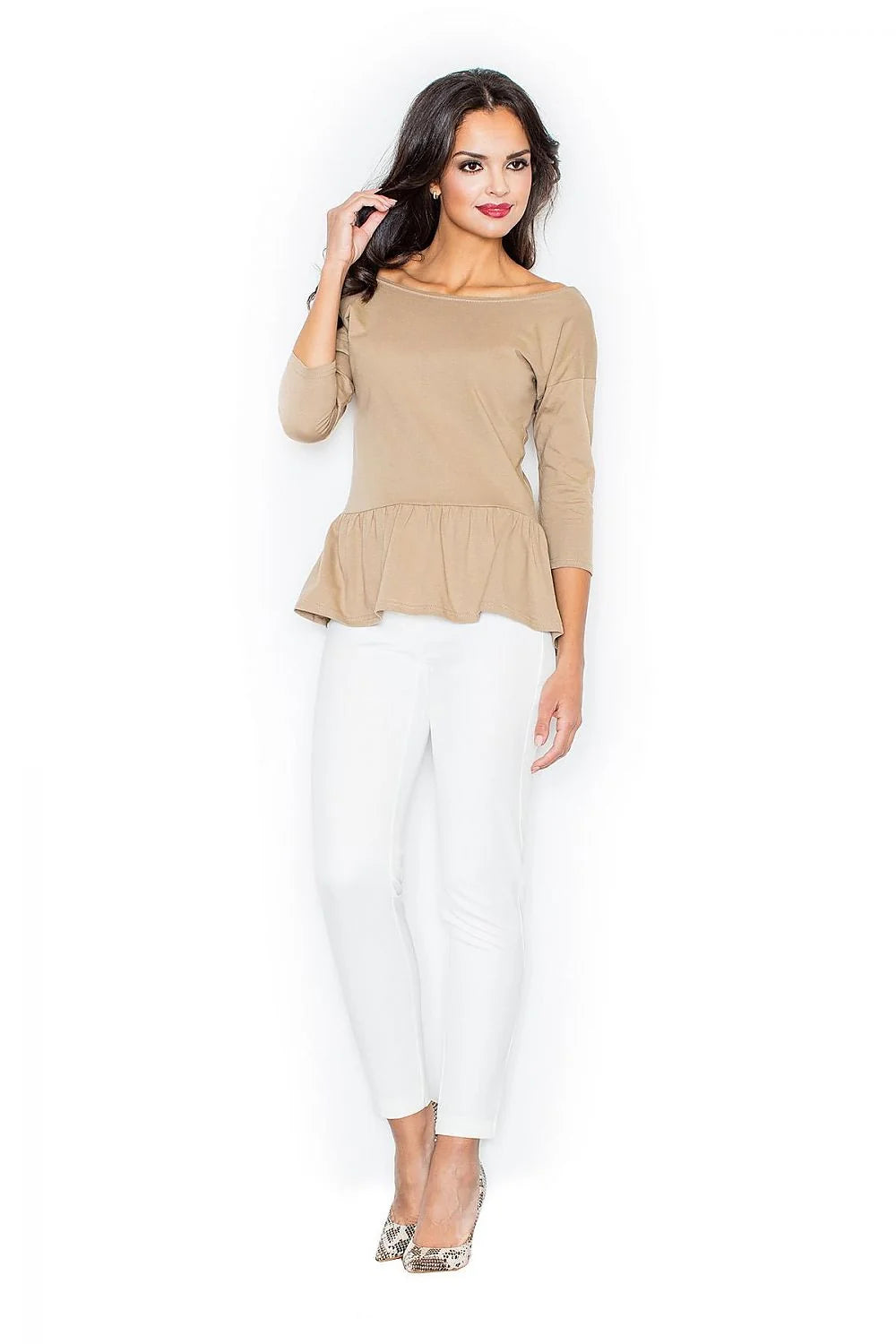 Haut femme coton casual élégant bleu foncé manches longues bas volant confort quotidien