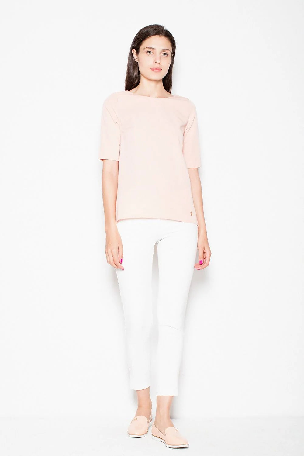 Haut femme rose en coton chic moderne manches courtes coupe droite ample style minimaliste sophistiqué