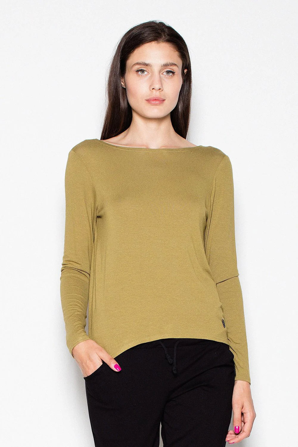 Haut manches longues coton décontracté vert olive élégant confortable col bateau mode féminine moderne