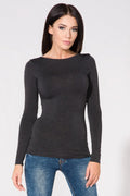 Haut manches longues coton gris foncé ajusté style décontracté confort mode casual polyvalent femmes