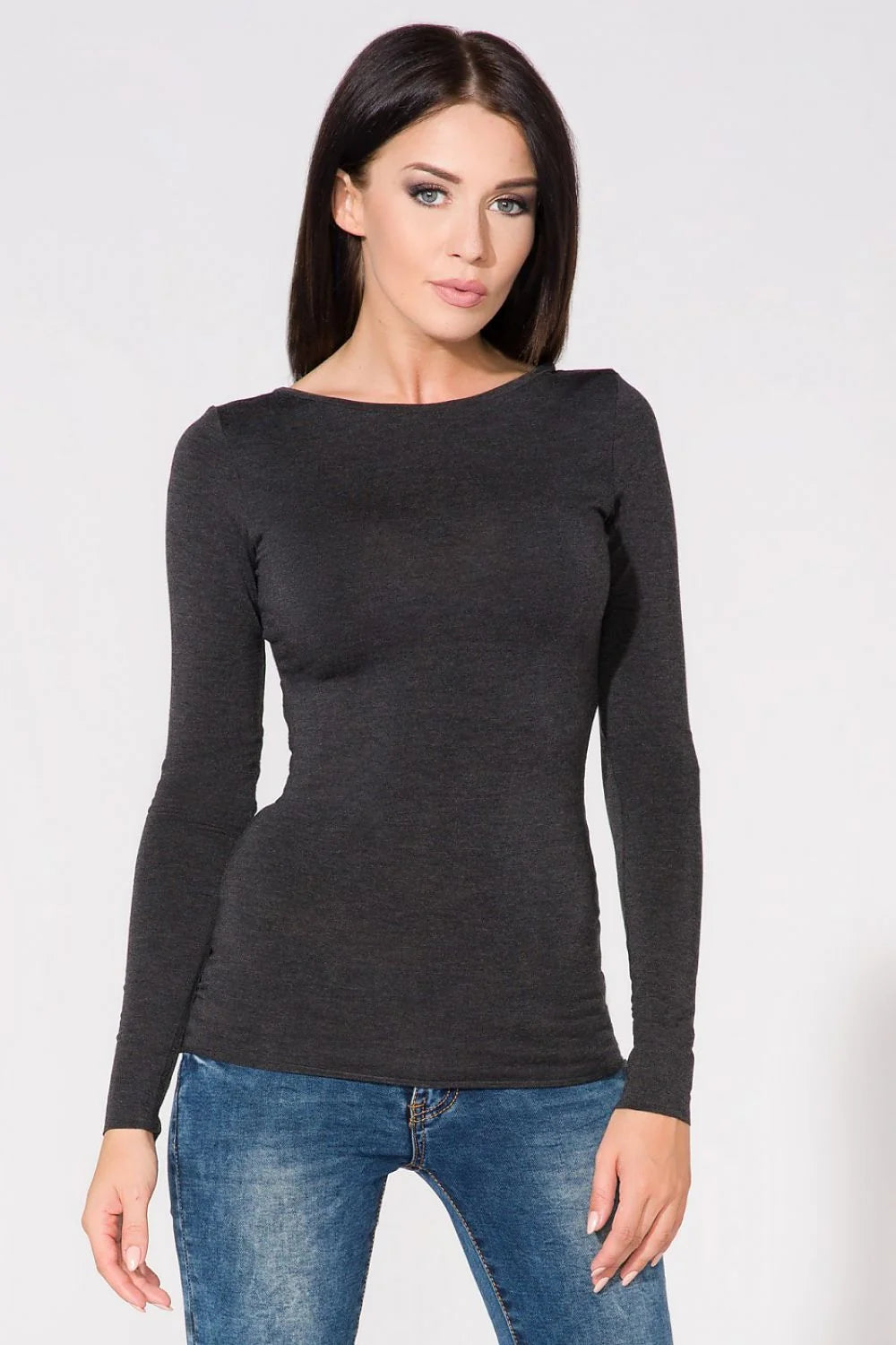 Haut manches longues coton gris foncé ajusté style décontracté confort mode casual polyvalent femmes
