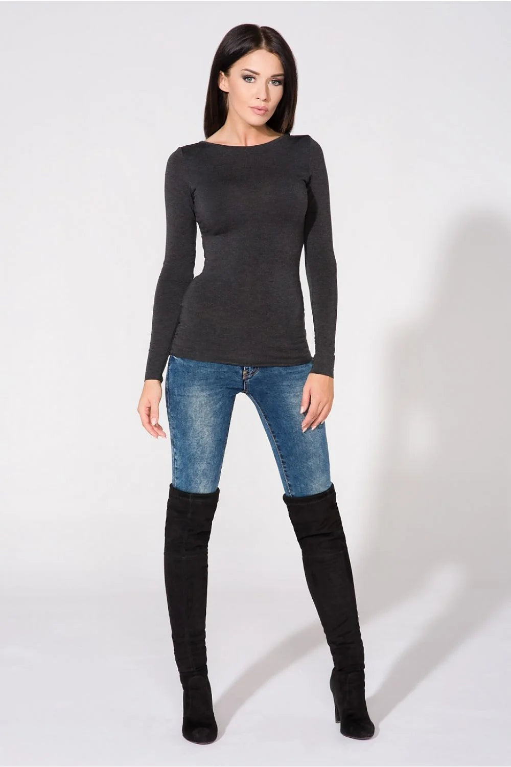 Haut manches longues coton gris foncé ajusté style décontracté confort mode casual polyvalent femmes
