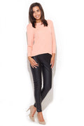 Haut Rose Pâle Tissu Léger Moderne Élégant Confortable Pour Femme avec Pantalon Aspect Cuir Noir