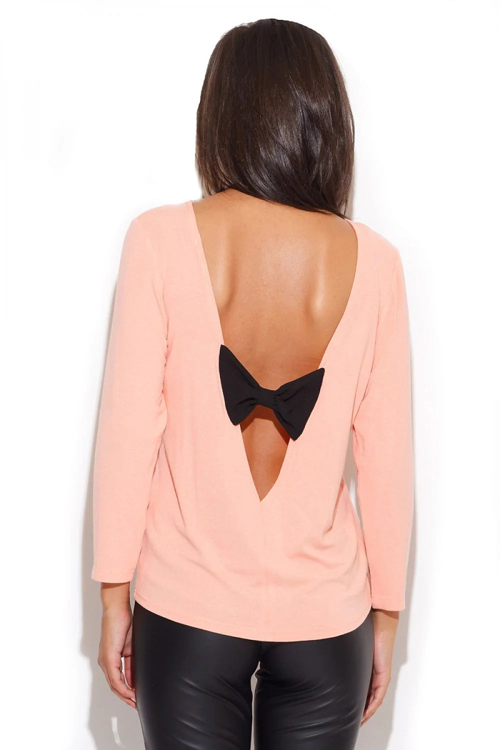 Haut Rose Pâle Tissu Léger Moderne Élégant Confortable Pour Femme avec Pantalon Aspect Cuir Noir