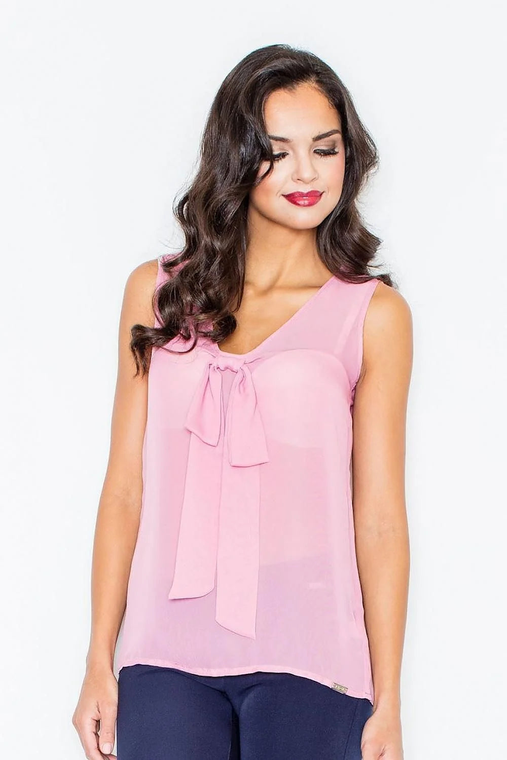 Haut sans manches voile transparent rose clair élégant avec nœud décoratif pour look féminin chic