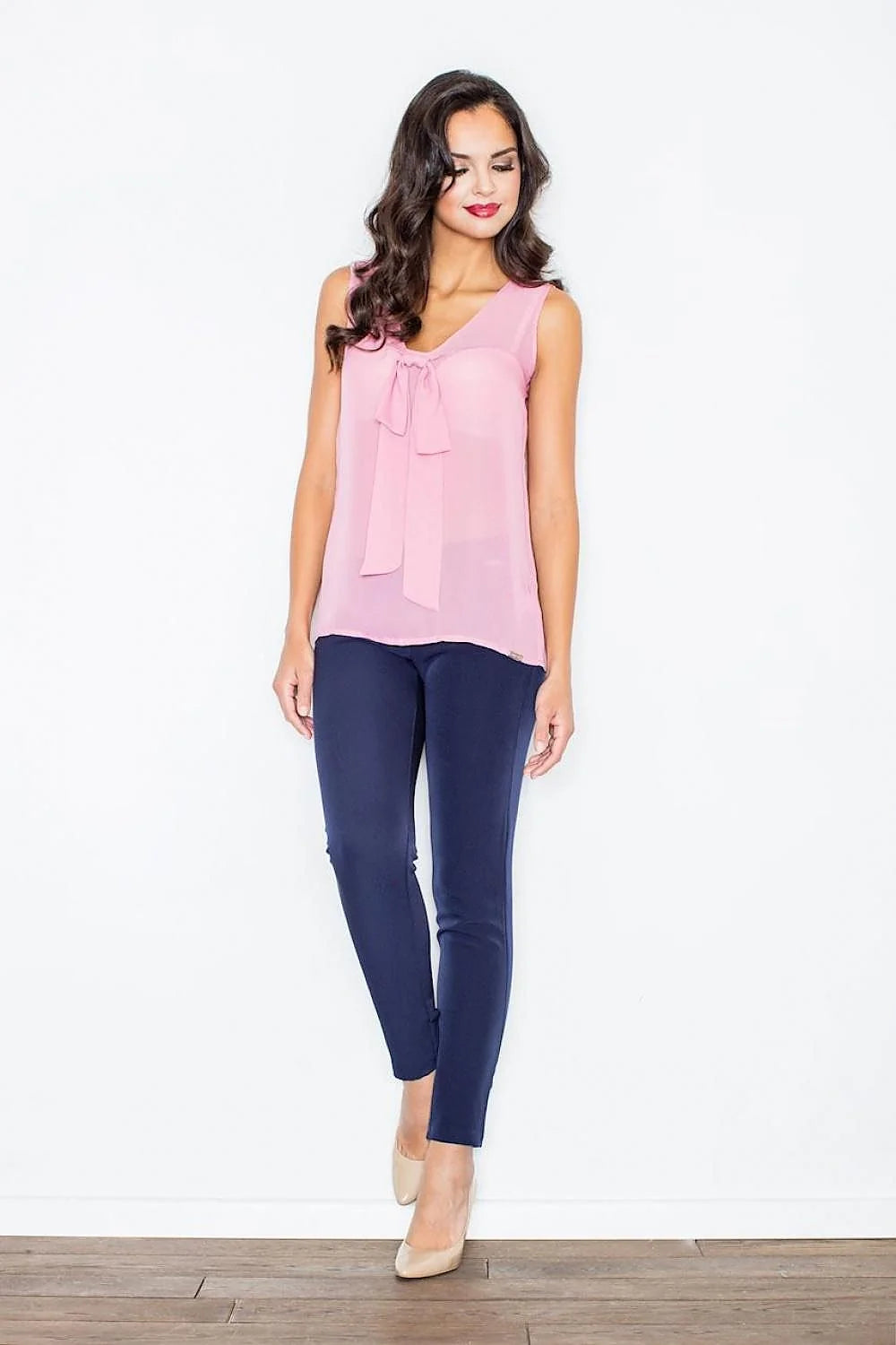 Haut sans manches voile transparent rose clair élégant avec nœud décoratif pour look féminin chic