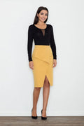 Jupe crayon mi-mollet tissu texturé jaune moutarde chic moderne pour élégance professionnelle femmes sophistiquées