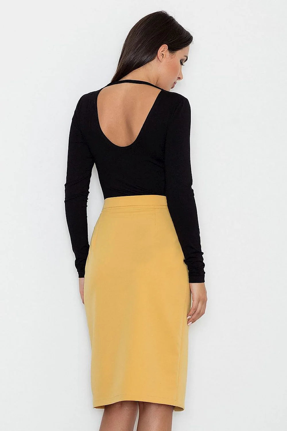 Jupe crayon mi-mollet tissu texturé jaune moutarde chic moderne pour élégance professionnelle femmes sophistiquées