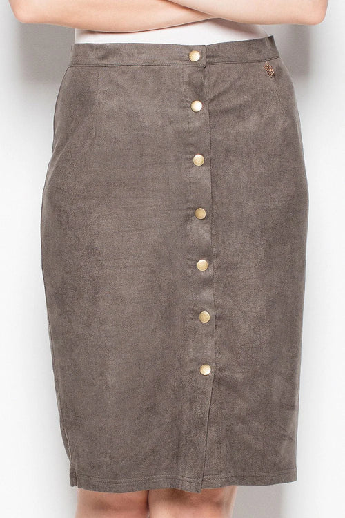 Jupe droite suédine marron taupe élégante avec boutons dorés pour style décontracté et classique