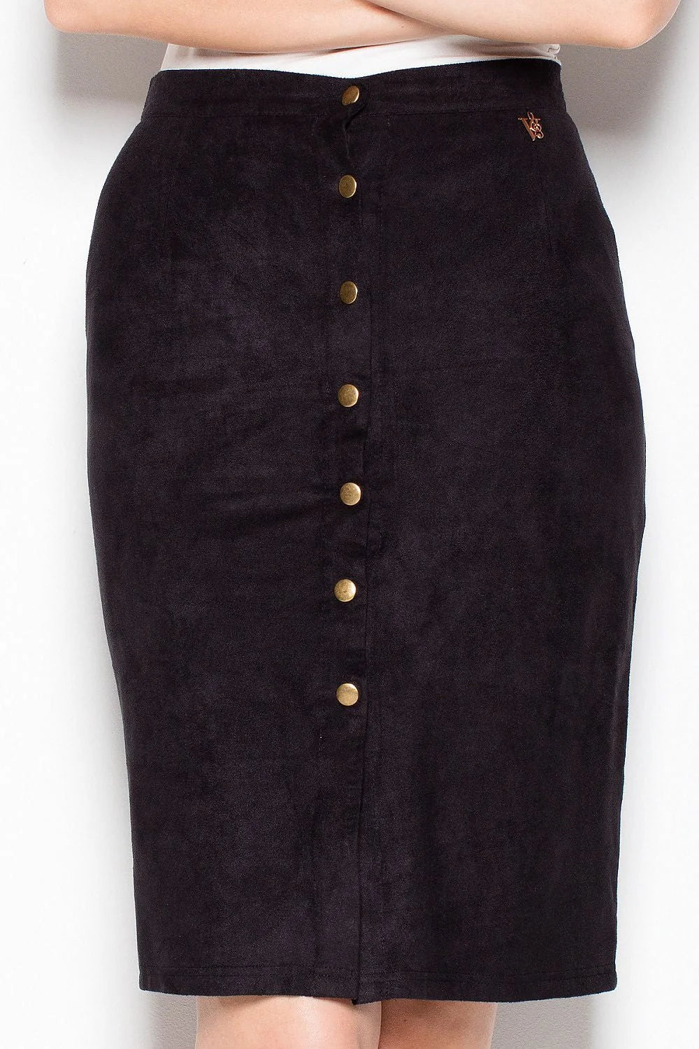 Jupe droite suédine marron taupe élégante avec boutons dorés pour style décontracté et classique