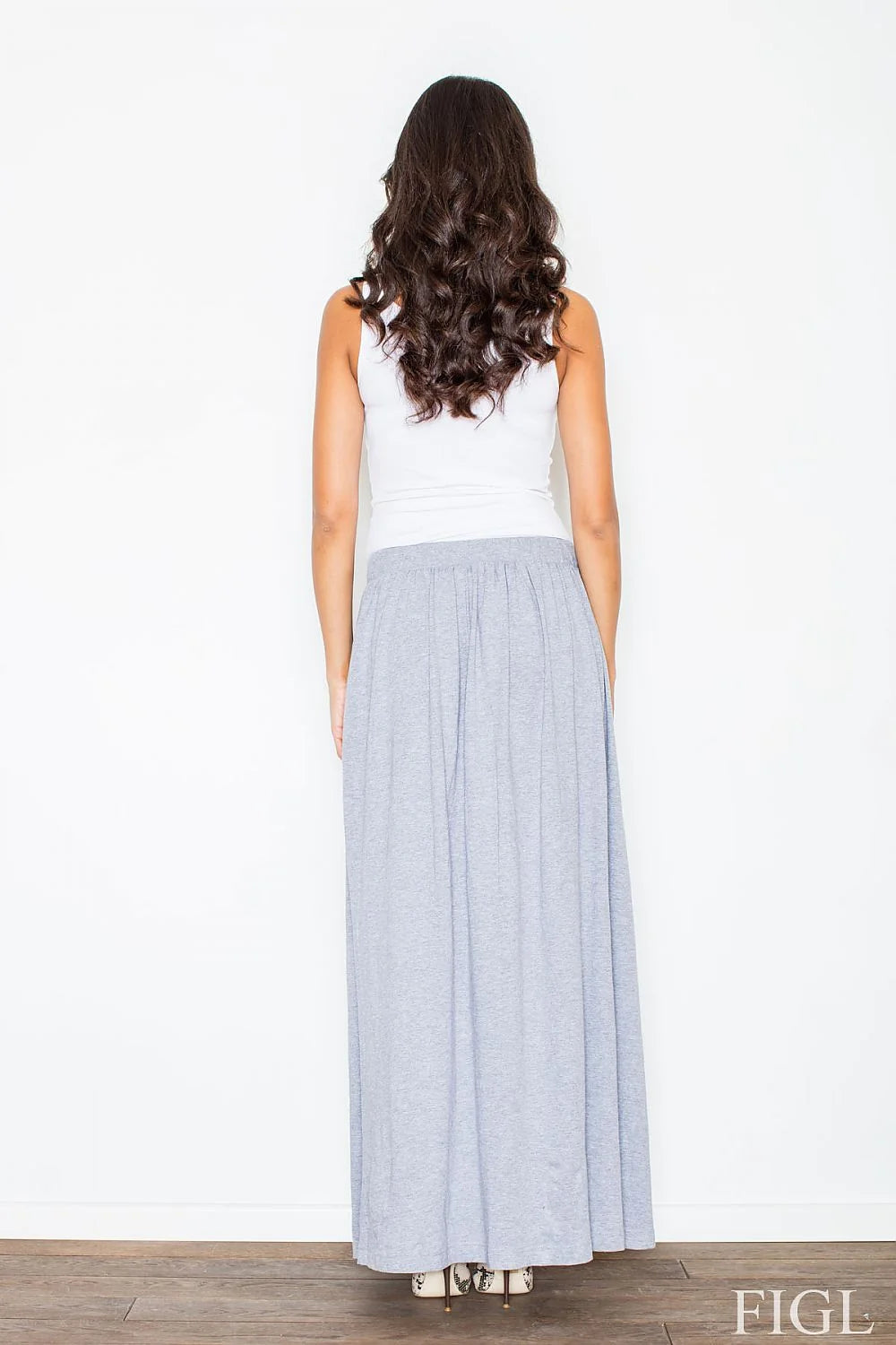 Jupe longue en coton style décontracté chic plissée gris clair pour élégance estivale féminine