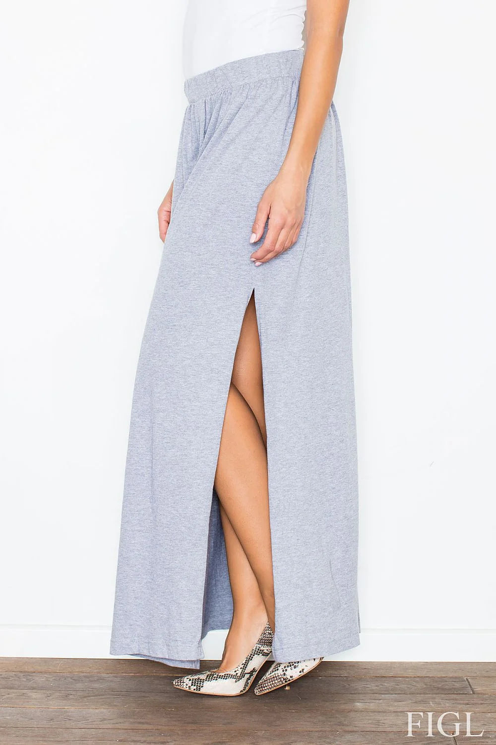 Jupe longue en coton style décontracté chic plissée gris clair pour élégance estivale féminine