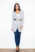 Manteau élégant en tricot gris avec ceinture dorée pour style moderne et chic féminin