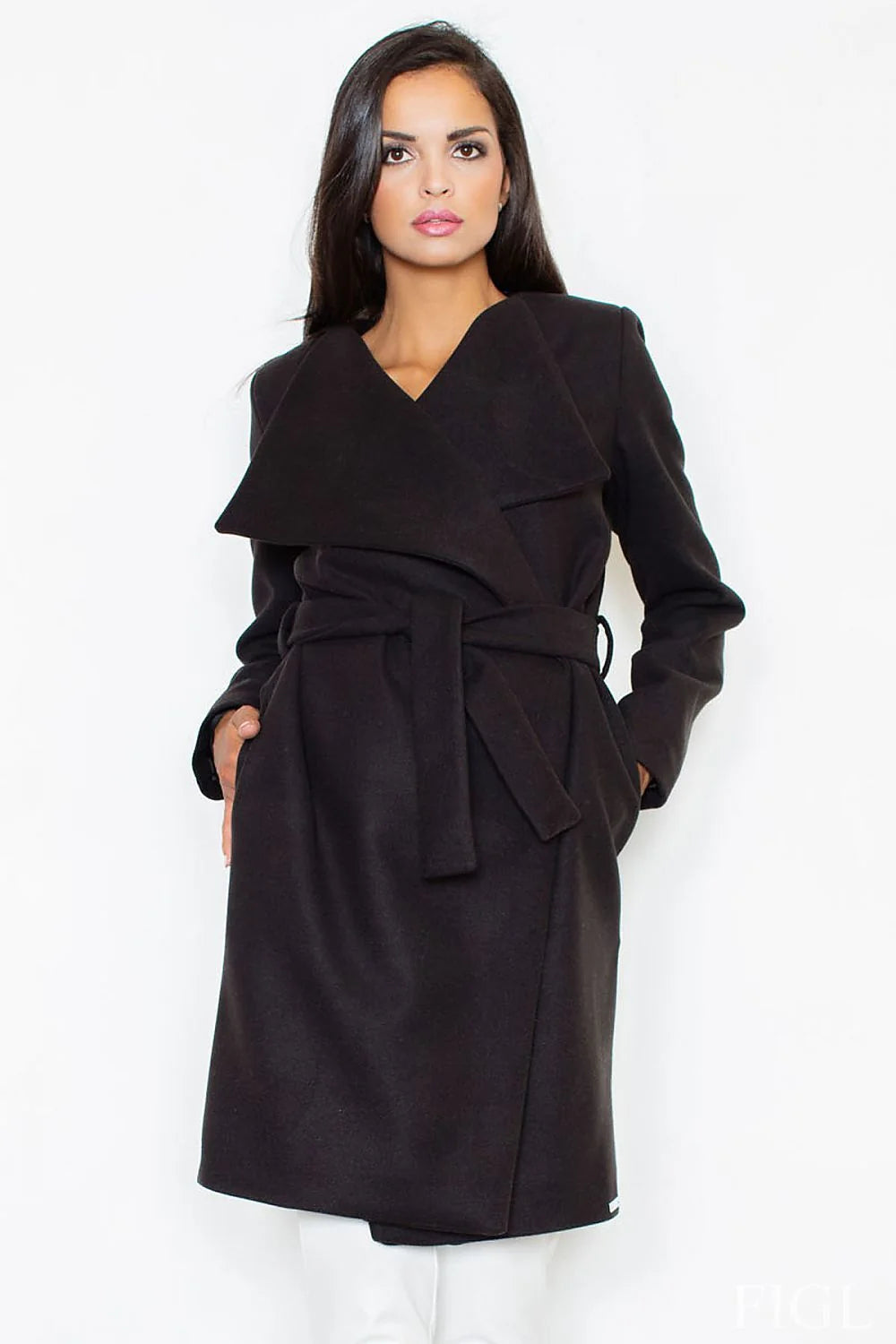 Manteau en laine élégant et classique noir ceinture nouée coupe ajustée hiver mode femme