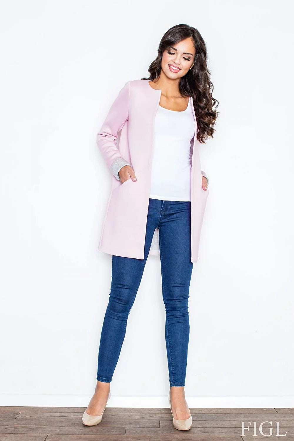 Manteau femme bleu clair polyester chic moderne sans col élégant style urbain occasions spéciales