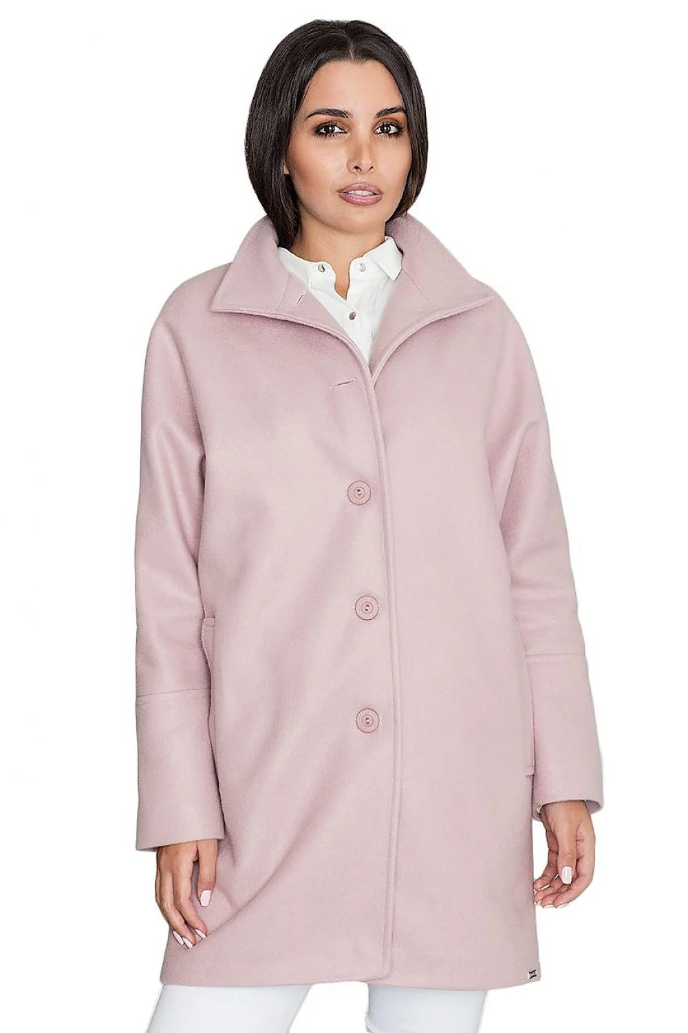 Manteau femme en polyester et viscose rose élégant coupe droite col large hiver chic