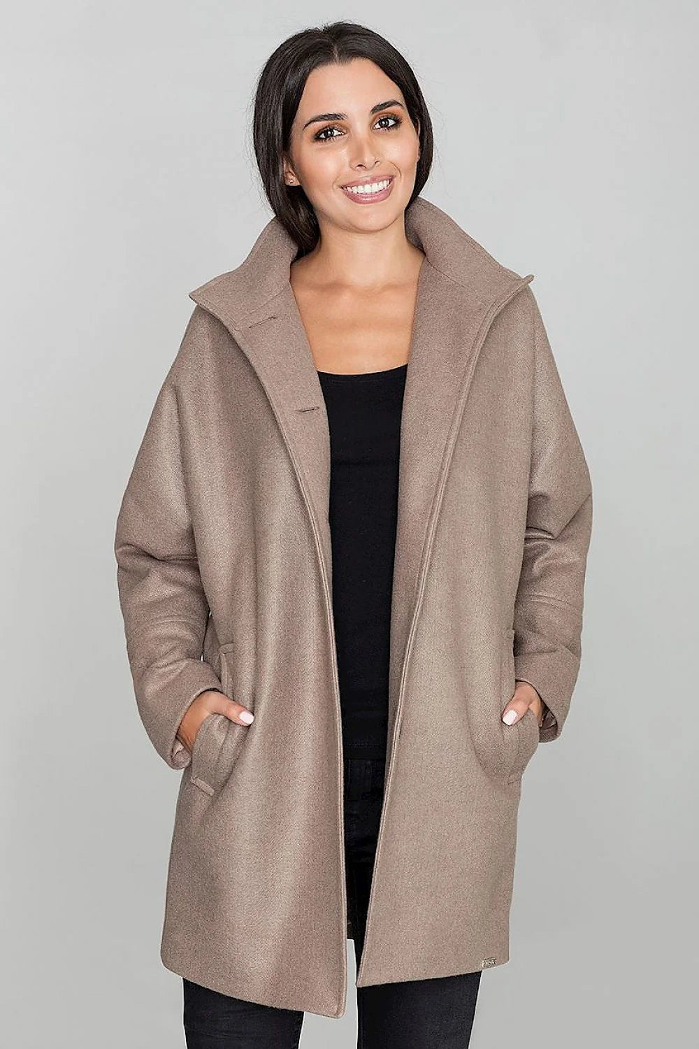 Manteau femme en polyester et viscose rose élégant coupe droite col large hiver chic