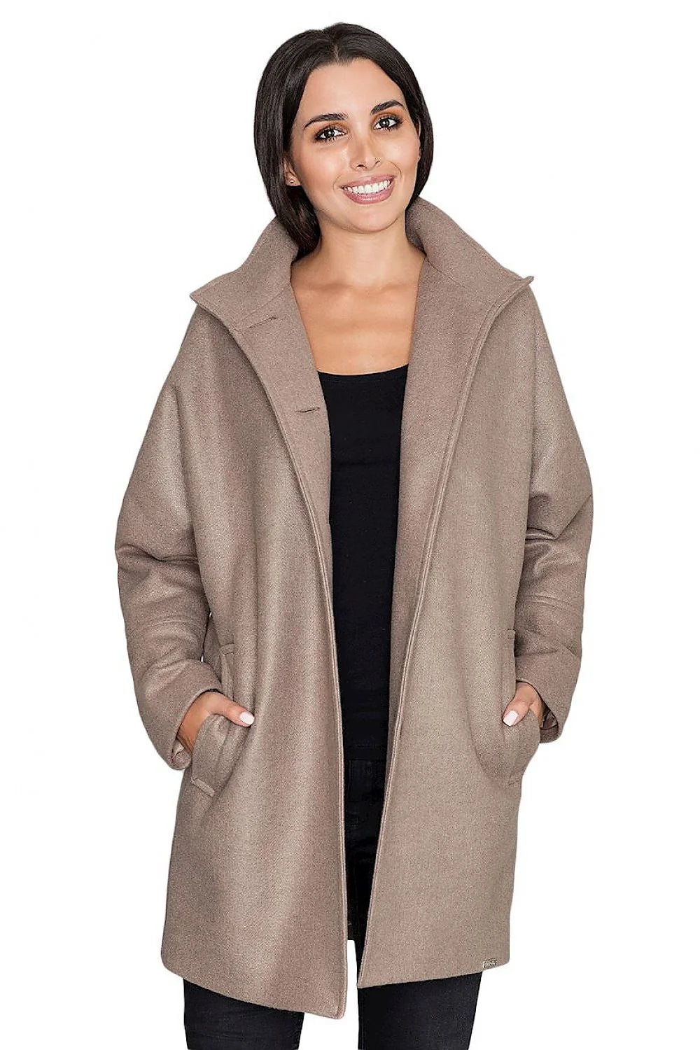 Manteau femme en polyester et viscose rose élégant coupe droite col large hiver chic