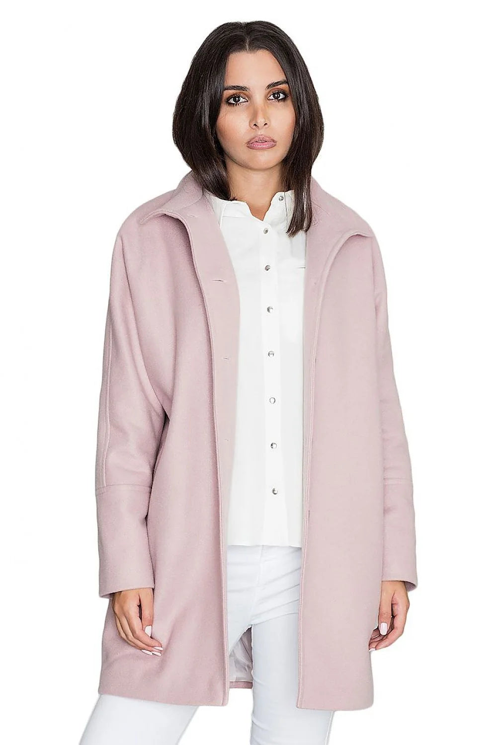 Manteau femme en polyester et viscose rose élégant coupe droite col large hiver chic
