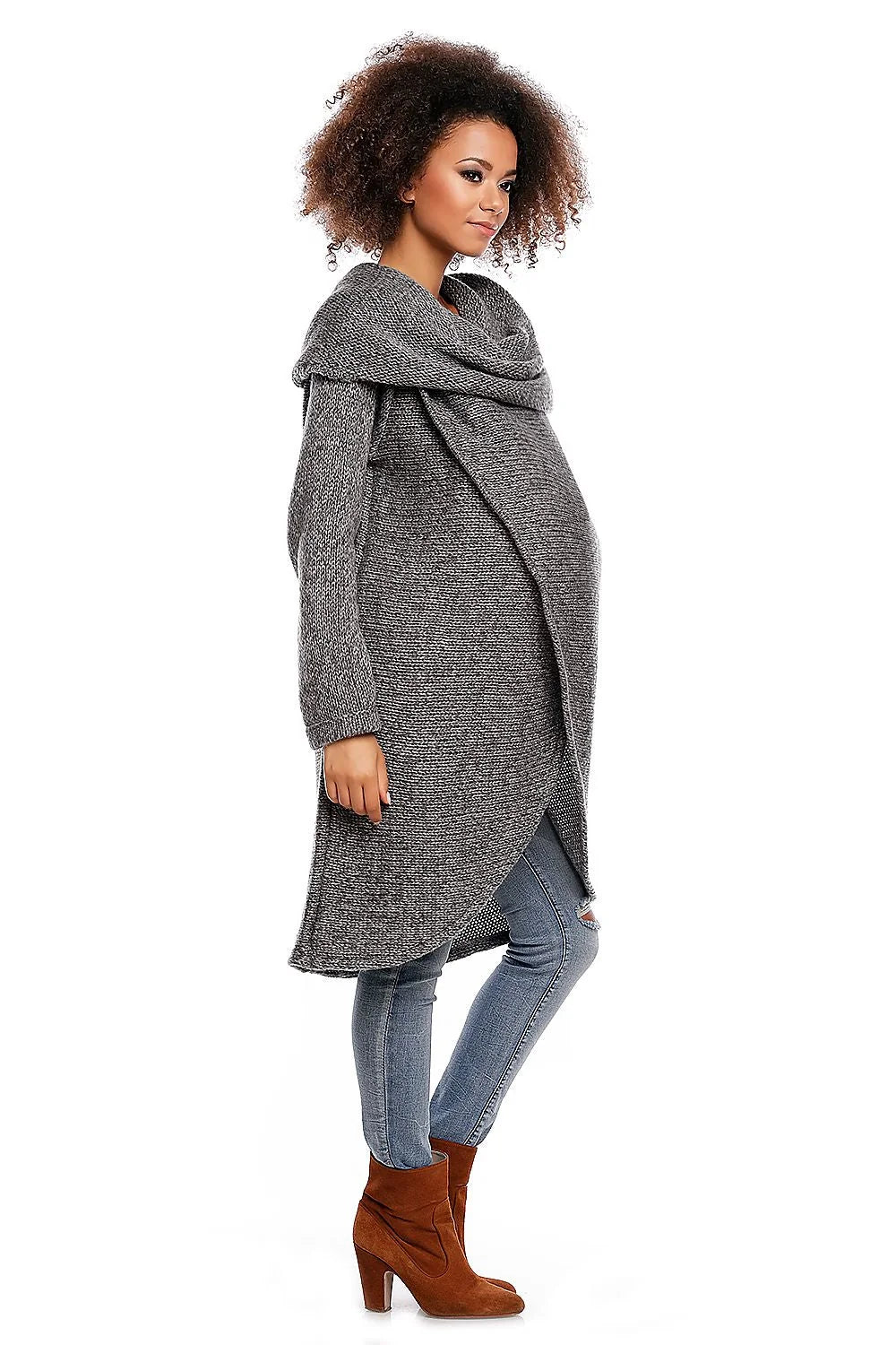 Manteau gris tricot confort col drapé chaud style décontracté élégant pour femmes enceintes modernes