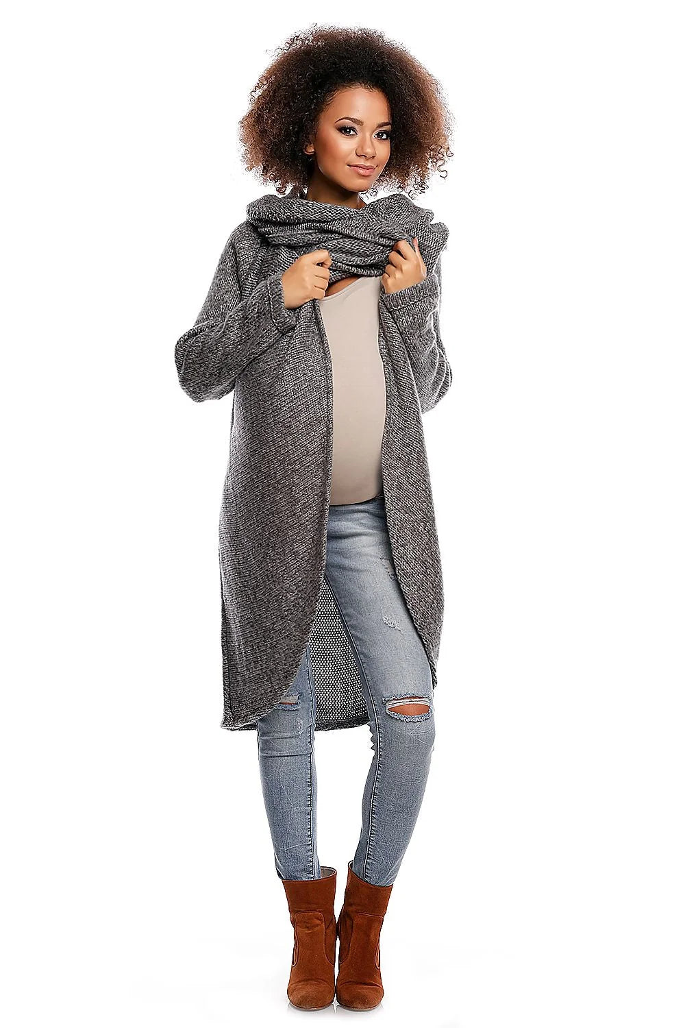 Manteau gris tricot confort col drapé chaud style décontracté élégant pour femmes enceintes modernes