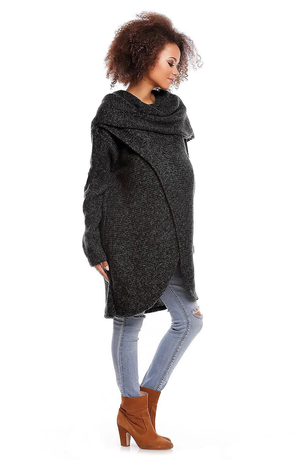 Manteau gris tricot confort col drapé chaud style décontracté élégant pour femmes enceintes modernes