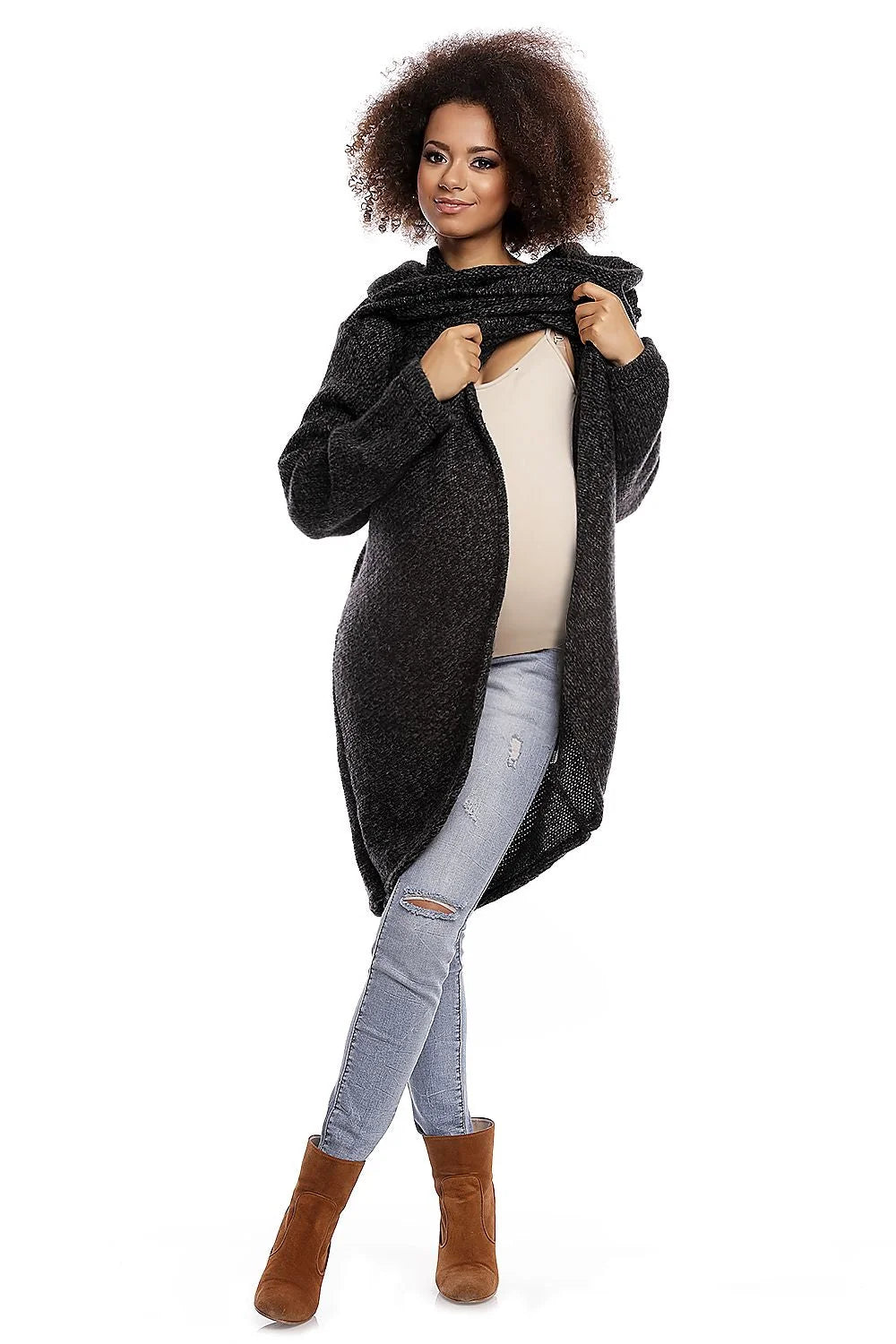 Manteau gris tricot confort col drapé chaud style décontracté élégant pour femmes enceintes modernes