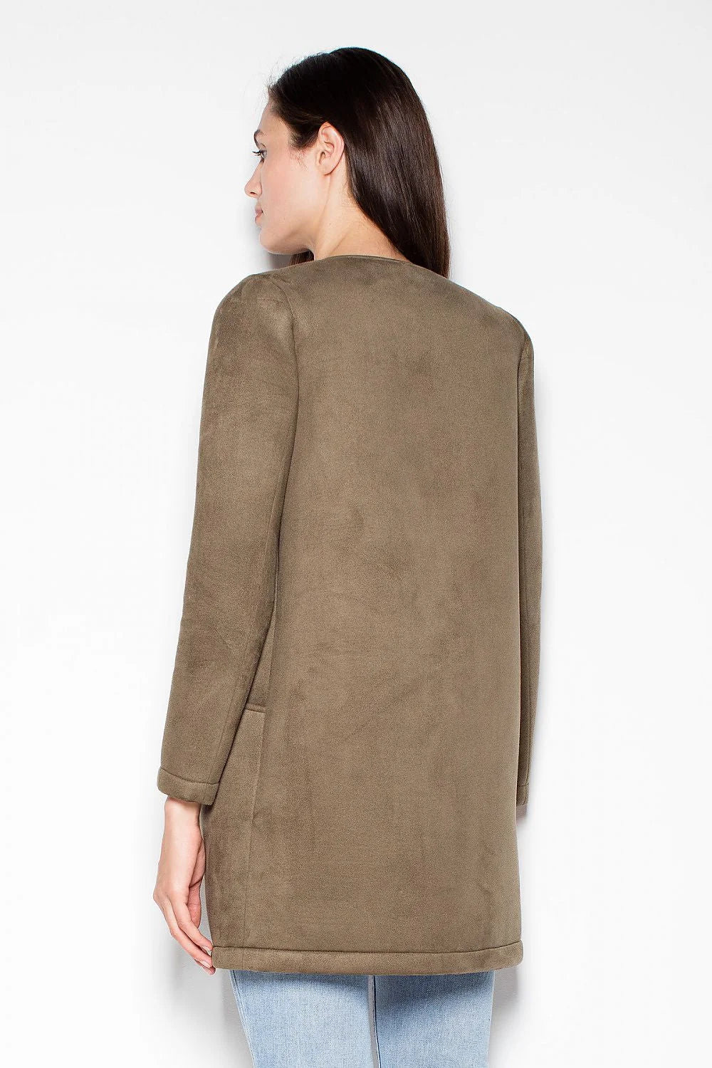 Manteau kaki suédine moderne élégant coupe droite avec poches pour femmes style automne hiver sophistiqué