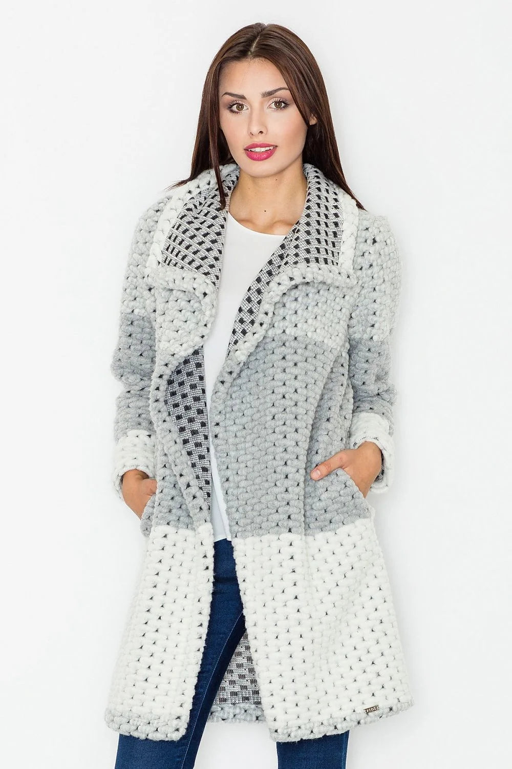 Manteau long en tricot laine élégant moderne patchwork confortable hiver femme mode casual chic
