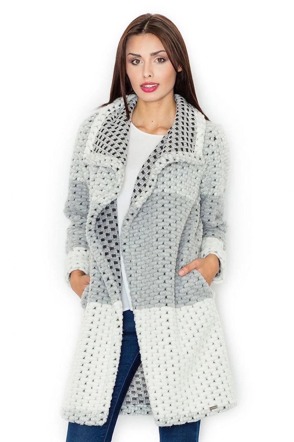 Manteau long en tricot laine élégant moderne patchwork confortable hiver femme mode casual chic