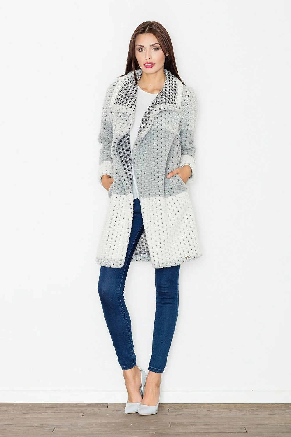 Manteau long en tricot laine élégant moderne patchwork confortable hiver femme mode casual chic