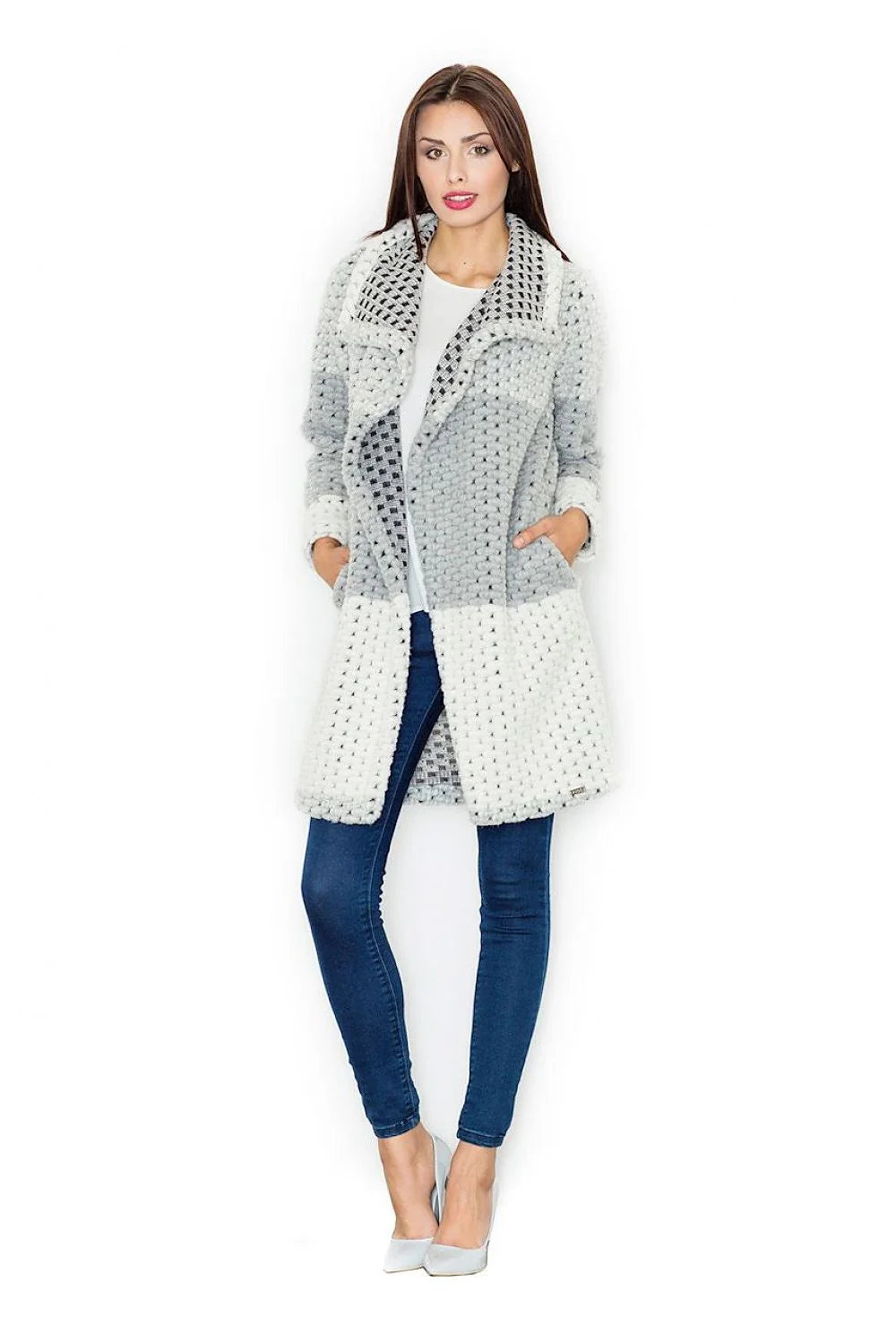 Manteau long en tricot laine élégant moderne patchwork confortable hiver femme mode casual chic