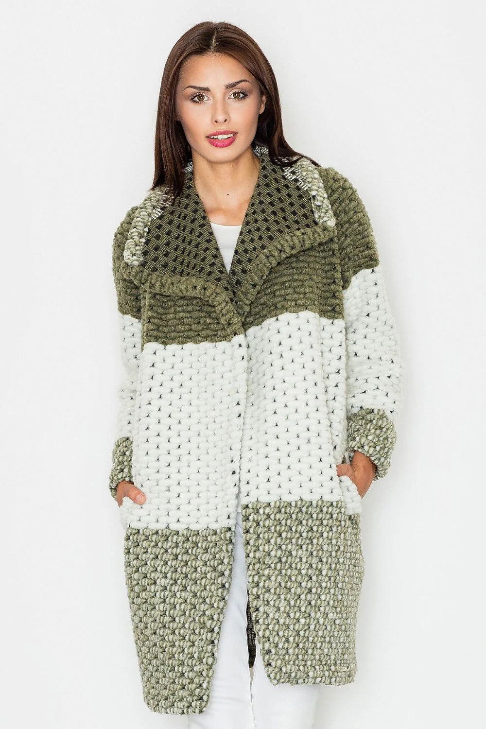 Manteau long en tricot laine élégant moderne patchwork confortable hiver femme mode casual chic