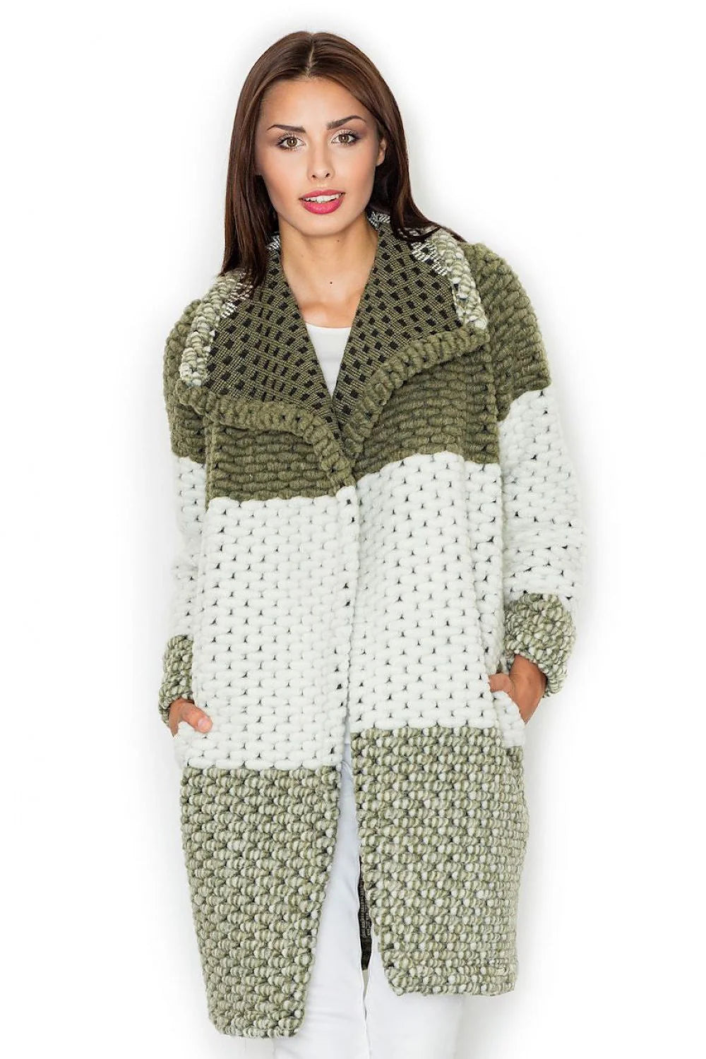 Manteau long en tricot laine élégant moderne patchwork confortable hiver femme mode casual chic