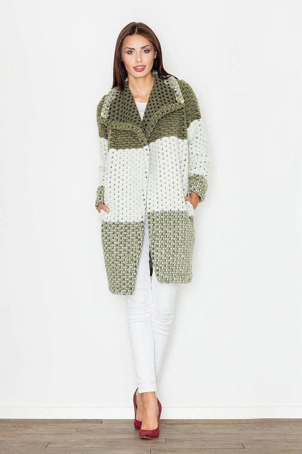 Manteau long en tricot laine élégant moderne patchwork confortable hiver femme mode casual chic