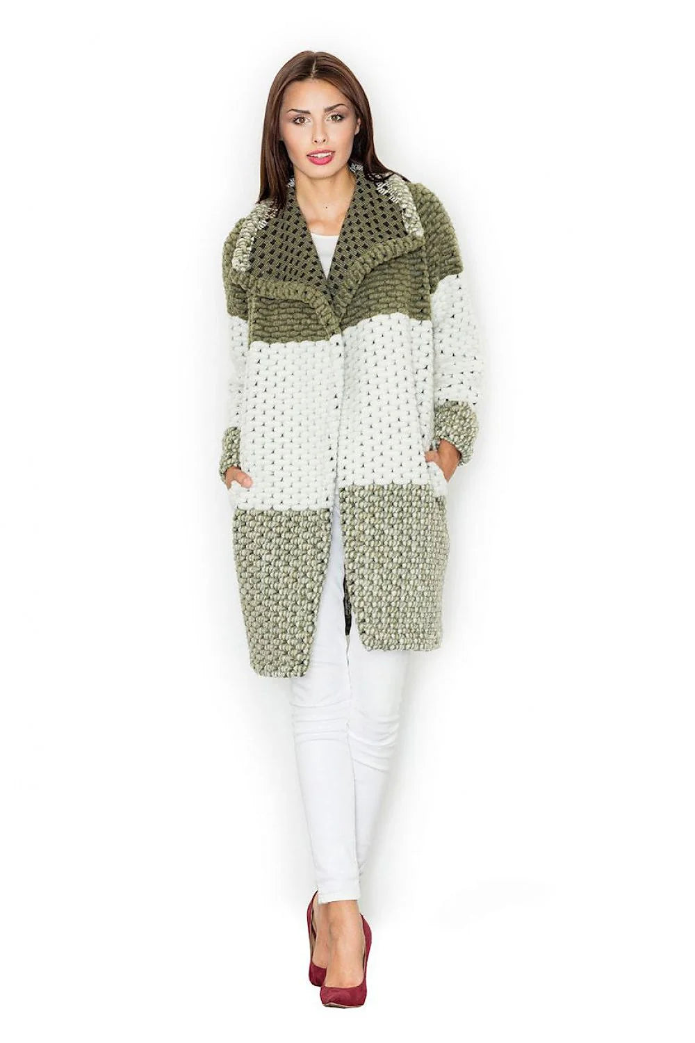 Manteau long en tricot laine élégant moderne patchwork confortable hiver femme mode casual chic