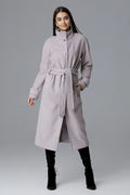 Manteau long laine élégant gris clair ceinturé style chic idéal hiver femmes modernes