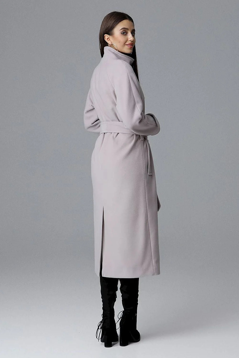 Manteau long laine élégant gris clair ceinturé style chic idéal hiver femmes modernes