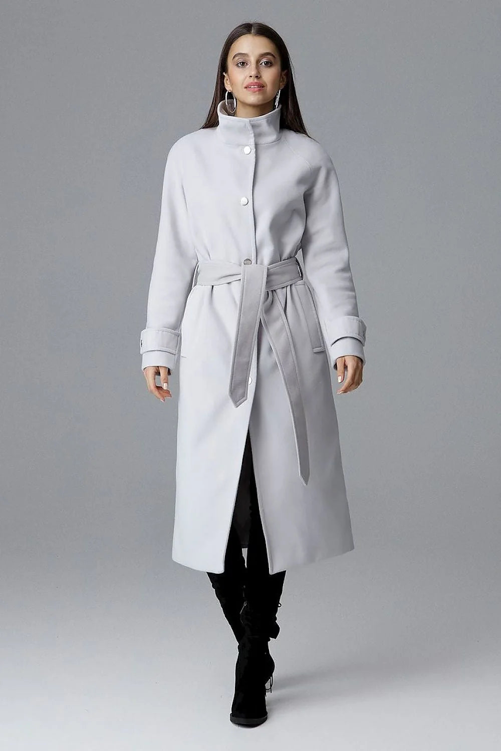Manteau long laine élégant gris clair ceinturé style chic idéal hiver femmes modernes