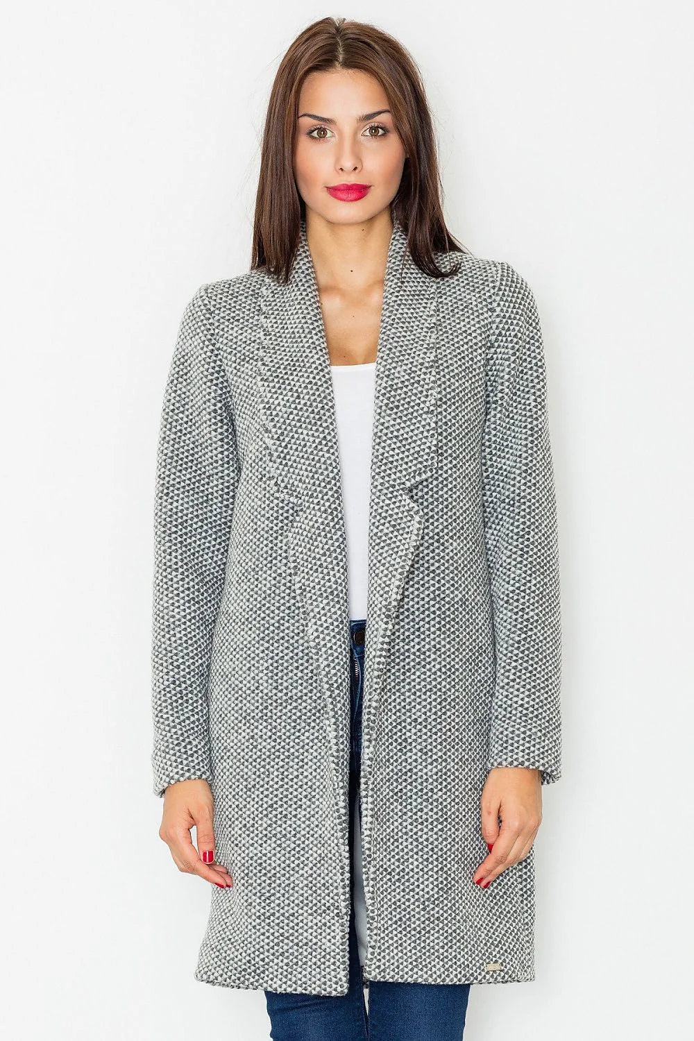Manteau tissé gris classique élégant à motifs géométriques pour un style automne-hiver raffiné