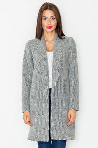 manteau femme long mi cuisses coupe droite col châle manches longues maille texturée tissage gaufré motif géométrique laine mélangée